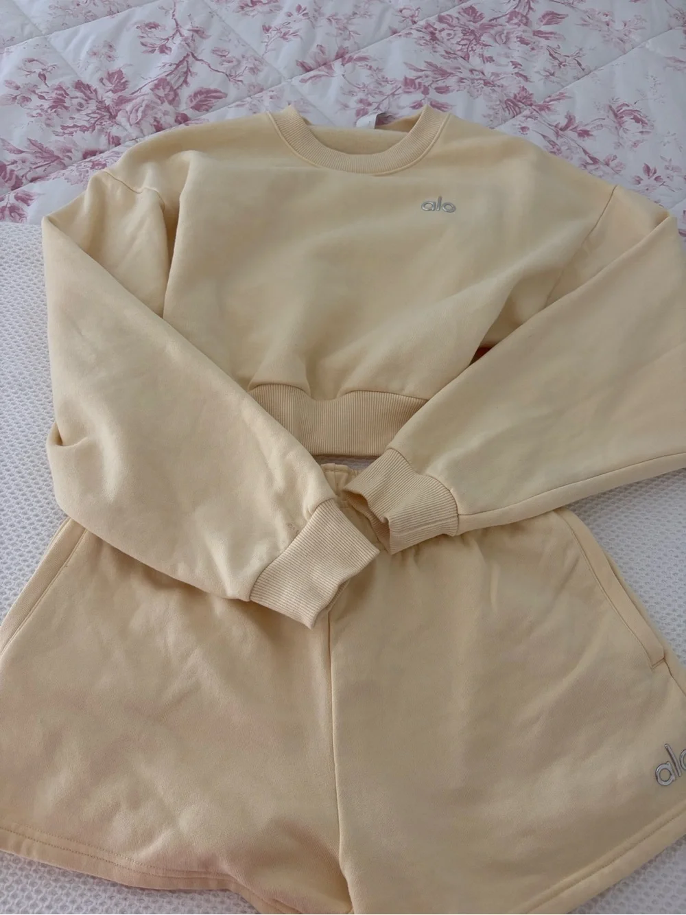 ALO Yoga Cropped Crewneck Sweatshirt in Pale Yellow with matching short